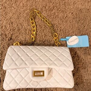 Tiffany and Fred White Quilted Shoulder Bag with Gold Chain